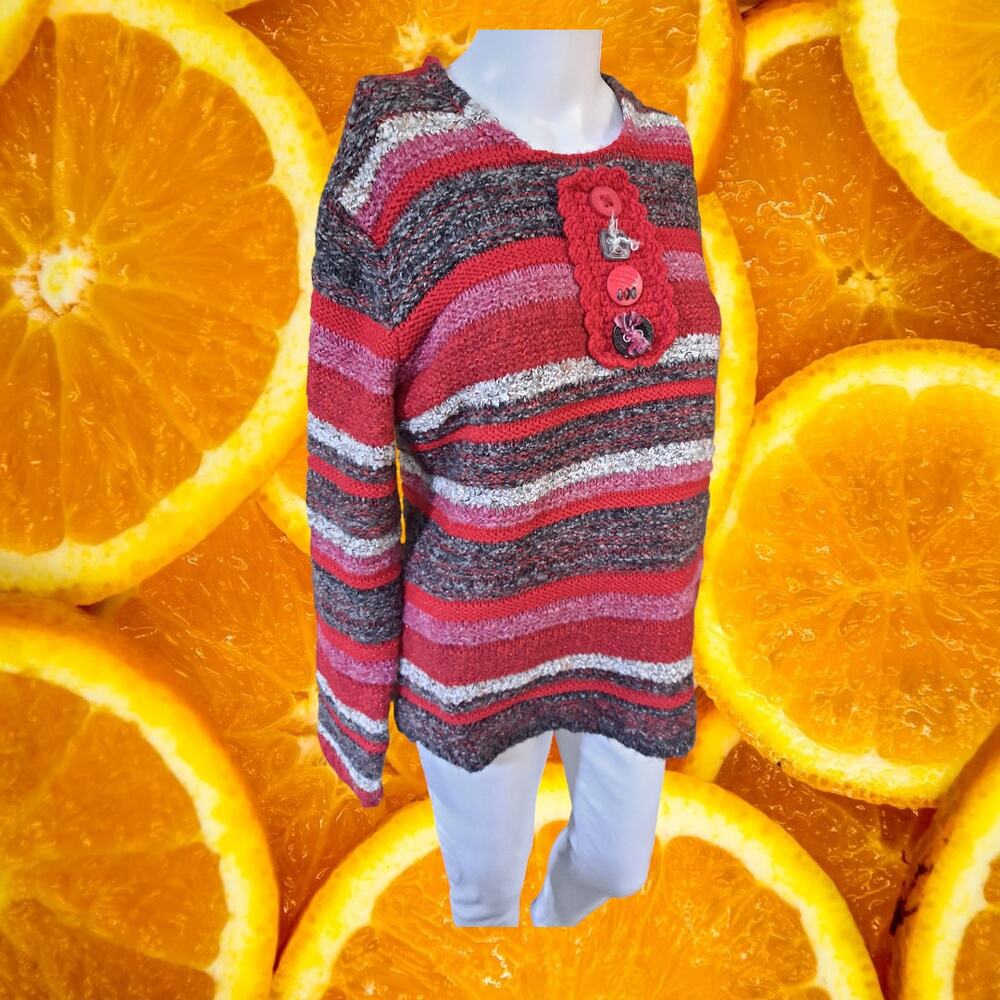 Parkhurst Red White Black Striped with‎ Decorative Button Sweater Size M